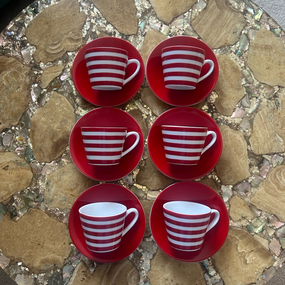 Crate&Barrel Red and White Striped Espresso Cup and Saucer Set